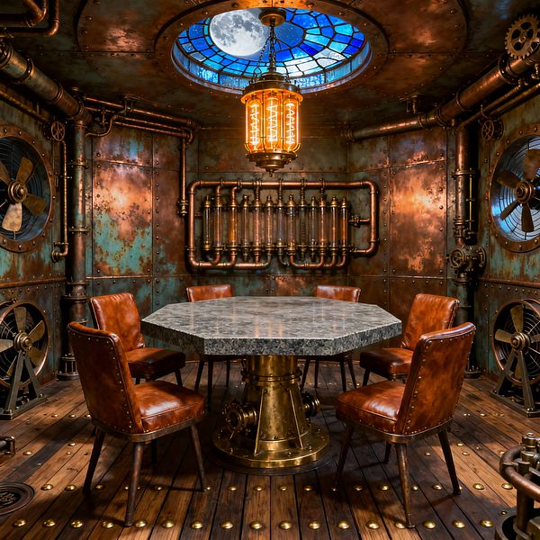 A steampunk dining room features an octagonal gray stone table on a brass pedestal, surrounded by six cognac leather chairs on a dark wood floor with brass rivets. Patinated copper walls with visible rivets, exposed brass pipes, pressure cylinders, and ship-style fans frame the space, while an Edison-style pendant hangs beneath a round skylight with blue stained glass and a moon view, creating a dramatic industrial atmosphere.
