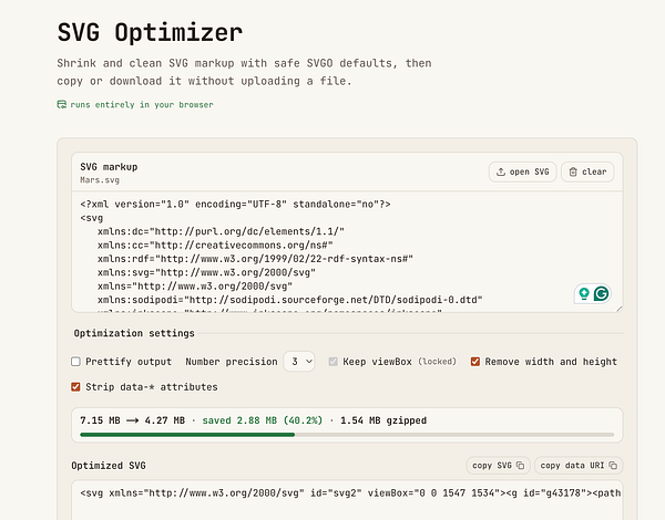 Screenshot of an SVG Optimizer online tool interface showing optimization options and an input area with raw SVG code.