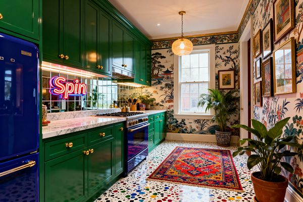 A bold maximalist laundry room features emerald green cabinetry with brass knobs, white marble counters, and a mirrored square-tile backsplash lit by undercabinet LEDs. A neon sign reading “Spin” glows above the counter, while cobalt blue appliances line one wall. Chinoiserie wallpaper and a gallery of framed art surround a window, with potted plants, a vivid red patterned rug, and a multicolor terrazzo floor under a ribbed glass pendant.