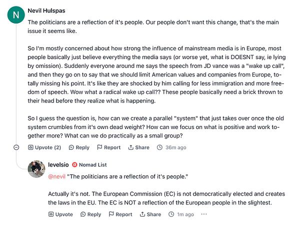 A discussion on the influence of media and politics in Europe, featuring two users' comments on a public forum.