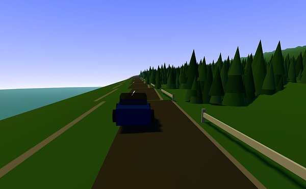 A stylized driving game scene featuring a blue car on a winding road beside a body of water and dense trees.