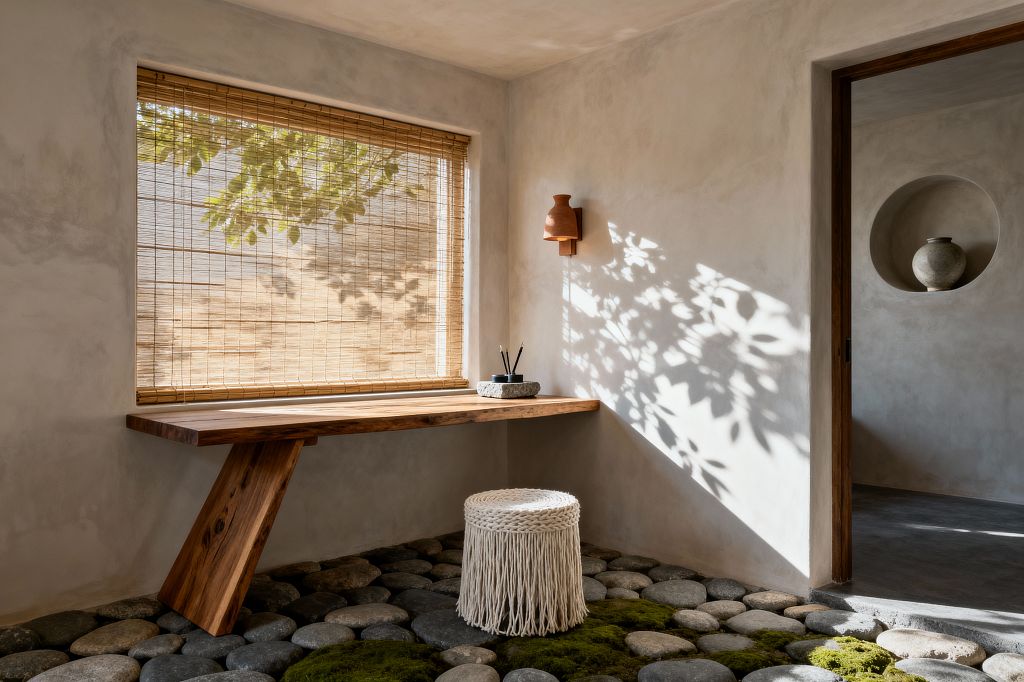 A serene wabi-sabi home office features a floating live-edge wood desk fixed to pale lime-plaster walls beneath a large window with a bamboo shade, casting dappled leaf shadows across the room. The floor is made of rounded river stones with patches of moss and a white, fringed rope stool; a terracotta wall sconce, a small stone tray with pencils on the desk, and a doorway revealing a recessed niche with a weathered ceramic jar complete the natural, minimalist setting.