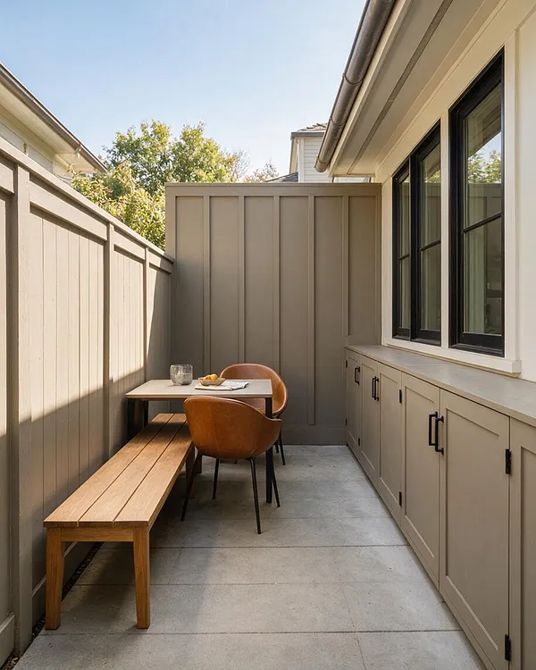 A narrow backyard patio features taupe paneled privacy walls, a built-in storage run beneath black-framed windows, and a simple dining setup with a light table, tan chairs, and a long wooden bench. Large concrete pavers and warm neutral finishes create a clean, modern transitional outdoor space.