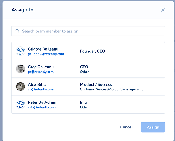 A team member selection modal for assigning feedback tasks.