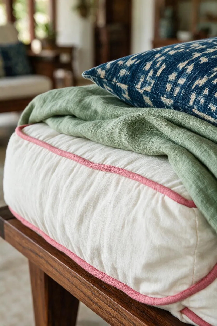A close-up of layered tropical-style cushions and fabric on a wooden bench. A white quilted cushion with pink piping is topped by a soft sage-green linen throw and a navy ikat-patterned pillow, with a blurred warm-toned room in the background.