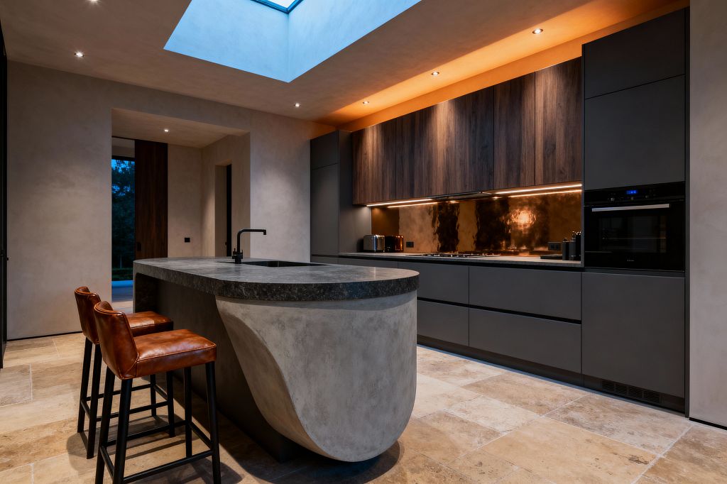 Contemporary kitchen illuminated by a large skylight, featuring a sculptural curved concrete island with a dark stone countertop and matte black sink and faucet. One wall has charcoal handleless cabinets with dark wood upper units and a reflective burnished brass backsplash lit by under-cabinet LEDs, plus a built-in black oven and gas cooktop; cognac leather bar stools and beige limestone tile flooring warm the space under recessed and cove lighting.