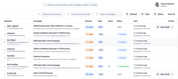 The image displays an Outbox page from an admin interface showing various email campaigns and their statuses.