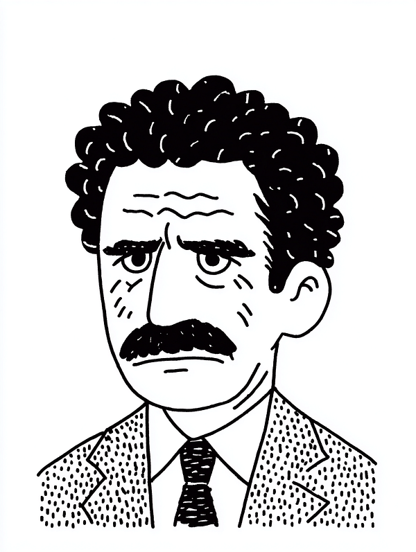 A stylized illustration of a man with curly hair and a mustache.