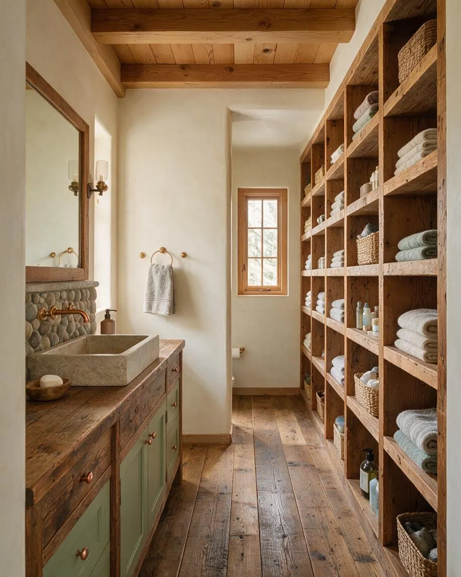 A narrow rustic powder room with exposed wood ceiling beams, wide plank floors, and built-in open shelving filled with folded towels and baskets. A wood vanity with sage green cabinet doors, a stone sink, and pebble backsplash sits beneath a framed mirror, while a small window adds soft natural light.
