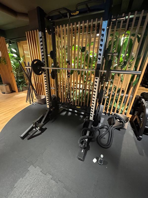A well-equipped gym area featuring a squat rack, weights, and exercise ropes.