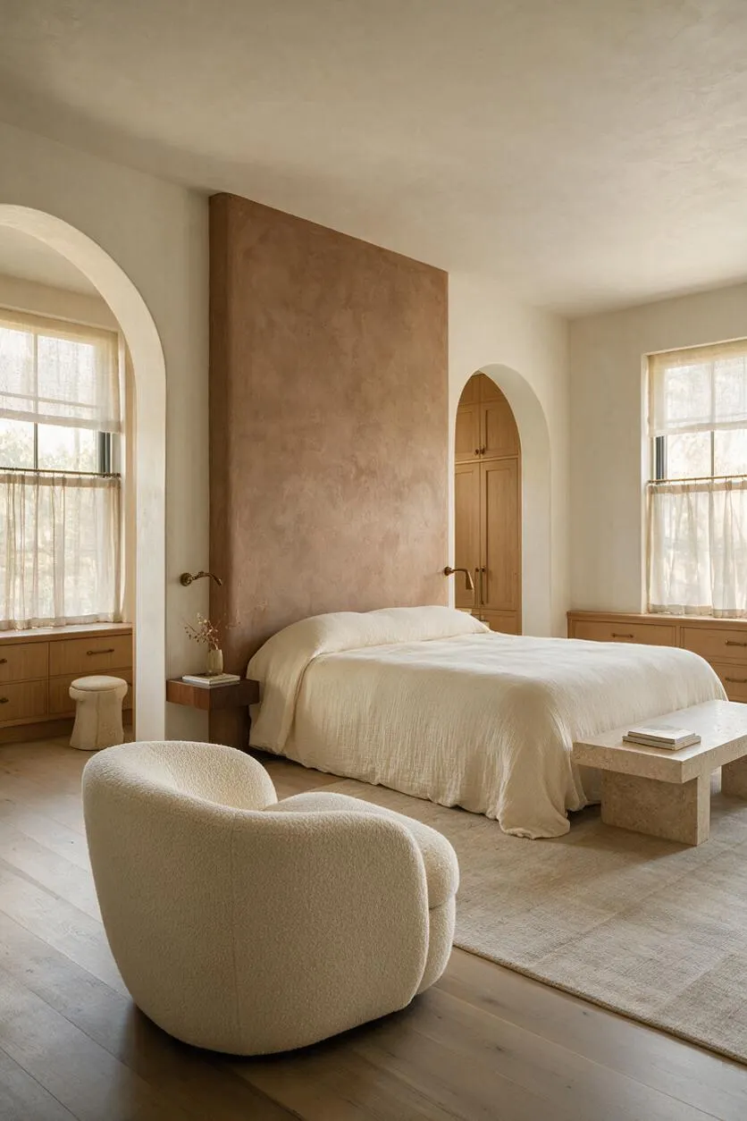 A serene Organic Modern bedroom with a cream upholstered bed centered against a tall warm plaster accent wall. Arched window and doorway openings, light wood built-ins, sheer curtains, a boucle lounge chair, and a stone coffee table complete the soft neutral space.