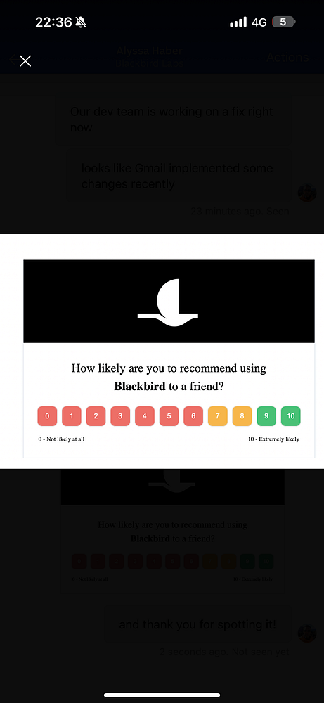 The image displays a survey prompt asking users to rate their likelihood of recommending Blackbird to a friend.