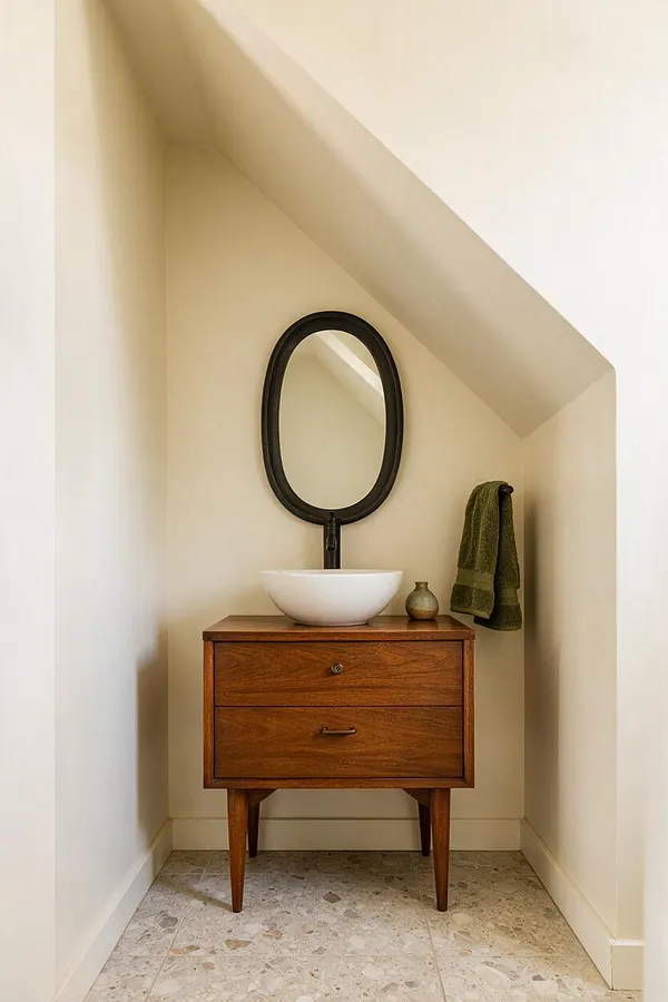 A small powder room tucked under a sloped ceiling features a walnut mid-century vanity with tapered legs, a white vessel sink, and an oval black-framed mirror. Cream walls, a subtle terrazzo floor, and a dark green hand towel create a calm, tailored look.