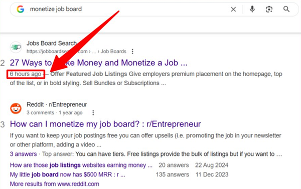 A Google search results page displaying a blog article ranking second for the keyword 'monetize job board'.