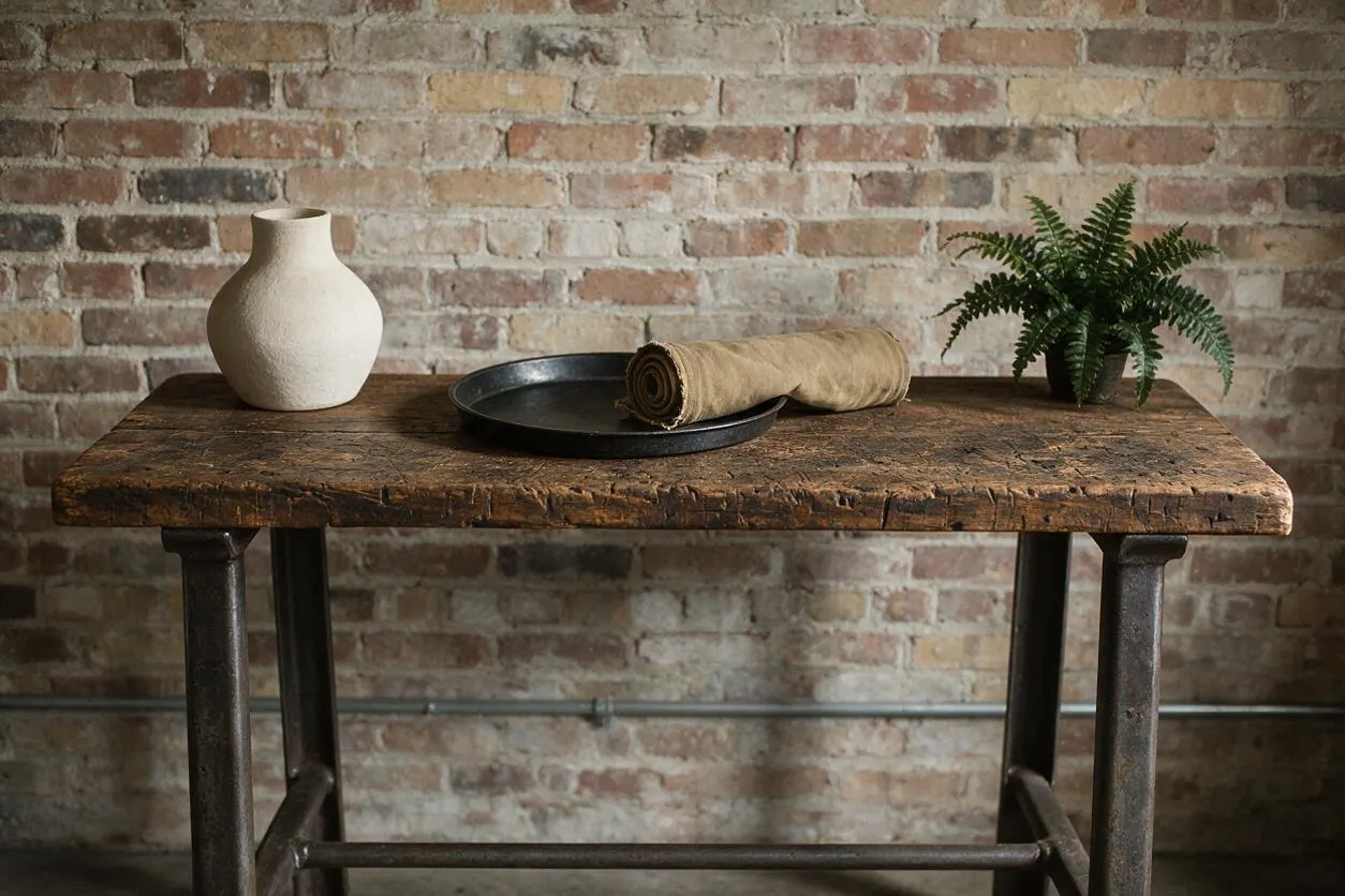A rustic industrial table with a thick reclaimed wood top and dark metal pipe-style legs stands against an exposed brick wall. On the tabletop are a cream ceramic vase, a black tray with a rolled beige textile, and a small green fern, creating a warm, earthy vignette.