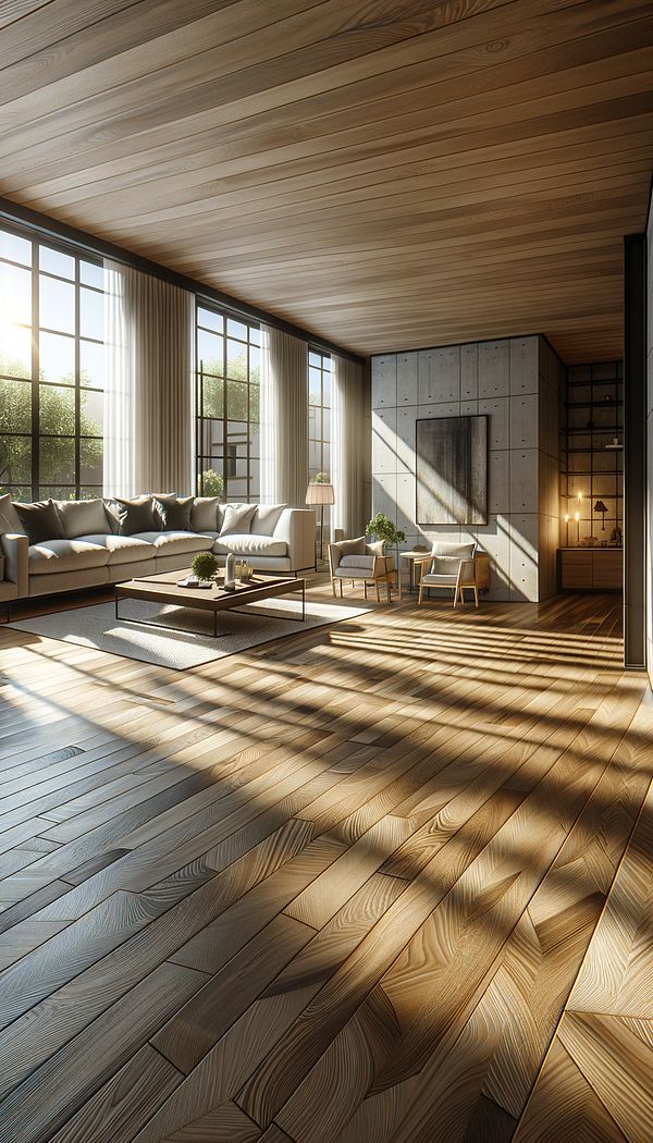 A spacious living room featuring a polished engineered hardwood floor, with sunlight streaming in through large windows, highlighting the natural wood grain and elegant appearance of the flooring.