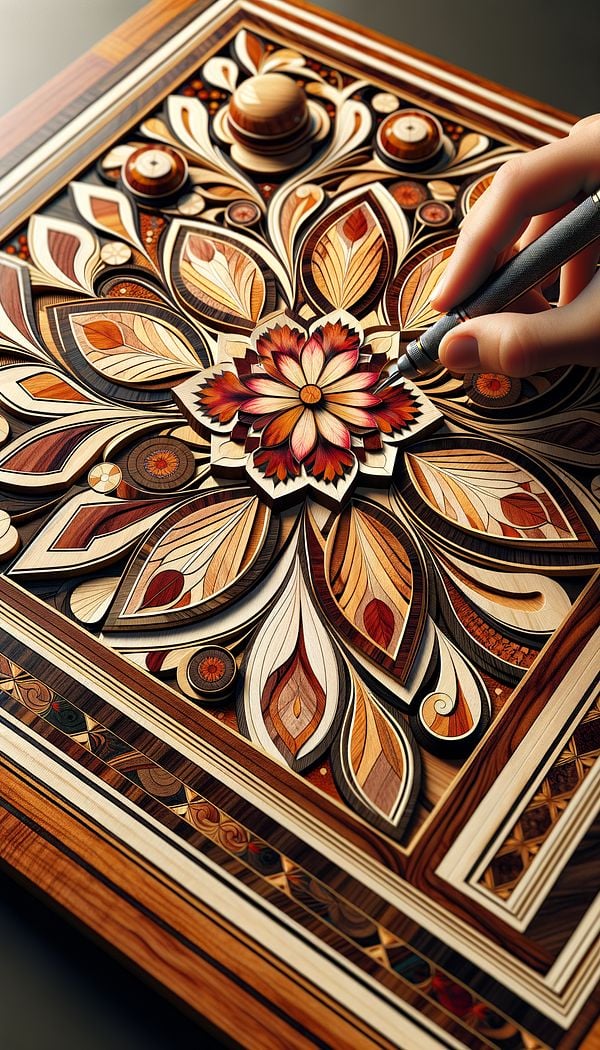 a detailed close-up of a marquetry piece showing intricate patterns formed by different colors and types of wood veneer