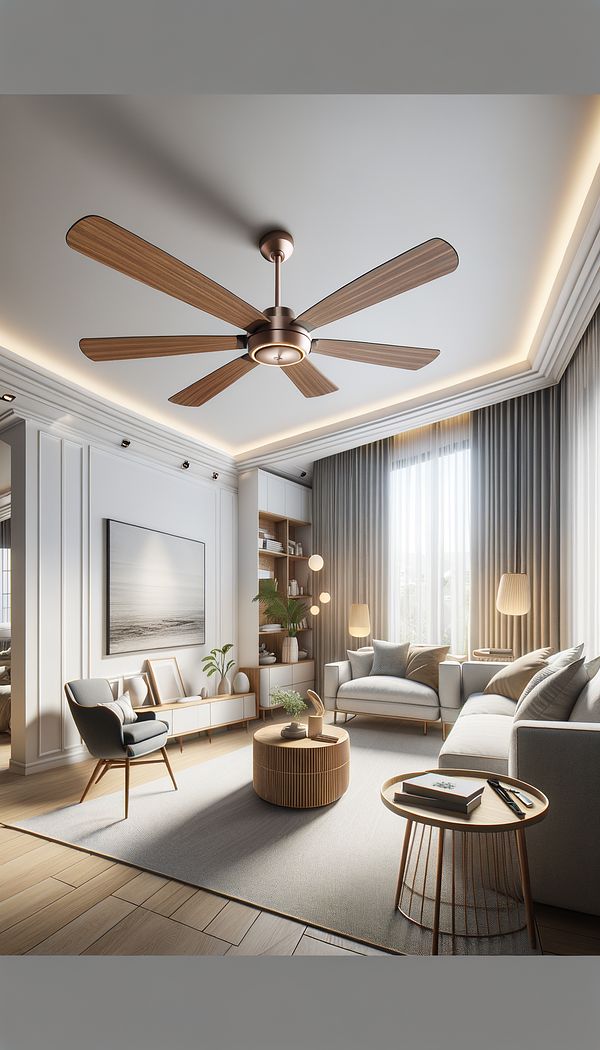 A stylish living room featuring a modern ceiling fan with wooden blades hanging from a white ceiling, blending seamlessly with the room’s contemporary decor.