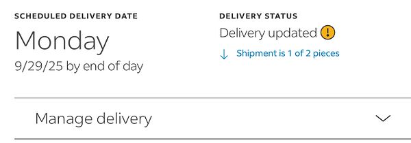 The image displays a delivery status update for a shipment of books.