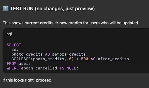 Screenshot of the PhotoAI user interface showing a credit top-up notification and a banner about newly added free bonus credits.