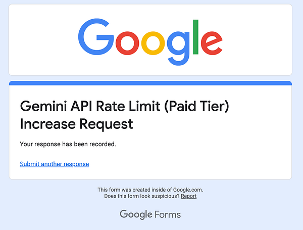 The image displays a confirmation message for a submitted request to increase the Gemini API rate limit.