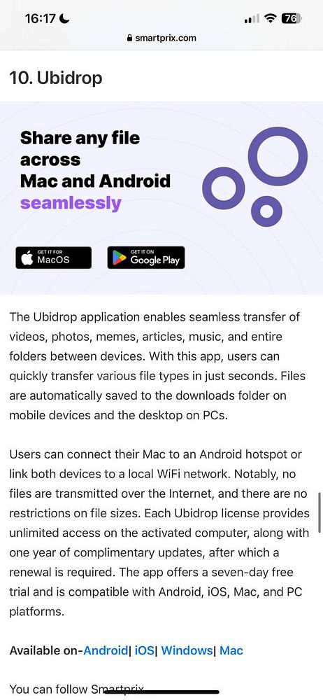 The image displays a promotional blog post about the Ubidrop application.