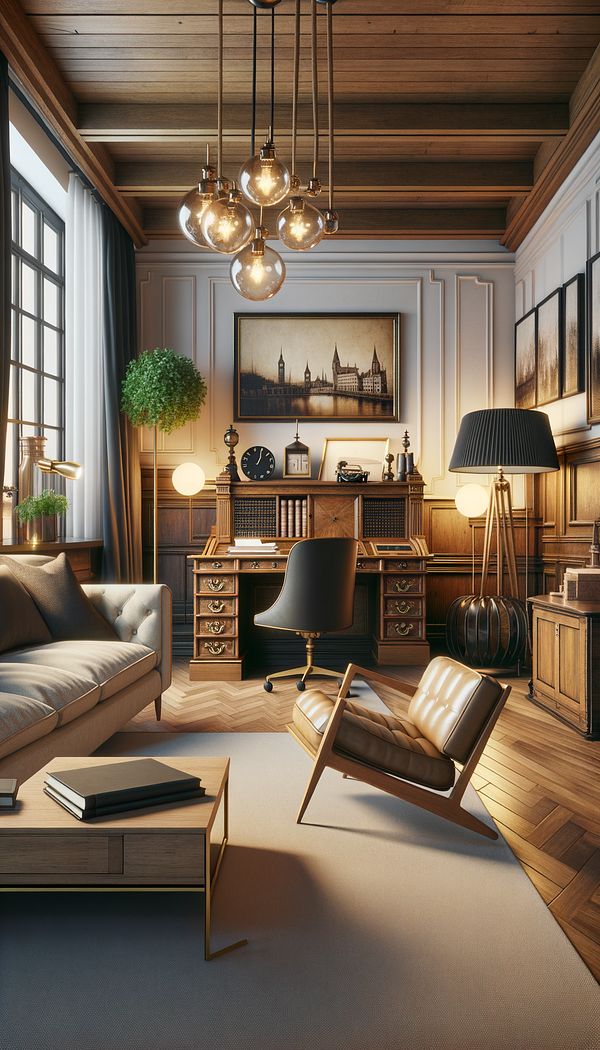 A cozy living room featuring an antique wooden writing desk, paired with a modern chair and illuminated by contemporary lighting, showcasing a beautiful mix of old and new elements.