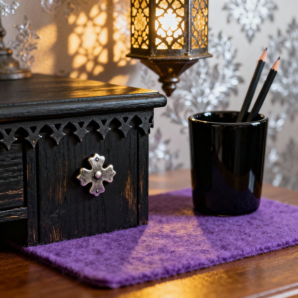 Close-up of a kids’ study nook in Gothic style: a black carved wooden chest with trefoil trim and a cross-shaped metal knob sits on a warm wood desk over a plush purple mat. An ornate pierced-metal lantern casts amber light and lace-like shadows onto silver damask wallpaper, while a glossy black pencil cup holding two pencils completes the arrangement.