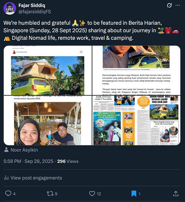 A Twitter post featuring a collage of images and text about a couple's journey as digital nomads.