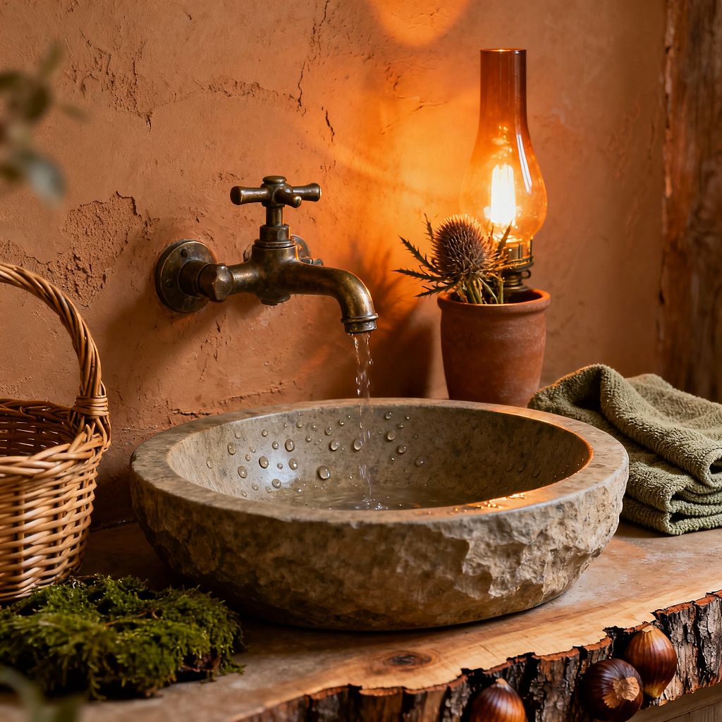 A rustic bathroom corner shows a rough stone vessel sink on a live-edge wood slab beneath a wall-mounted aged brass faucet with water running. The textured terracotta plaster wall glows from an amber glass lamp beside a small terracotta pot with thistle; a woven rattan basket, folded olive-green towel, moss, and scattered nuts complete the warm, natural palette and tactile mix of wood, stone, and metal.