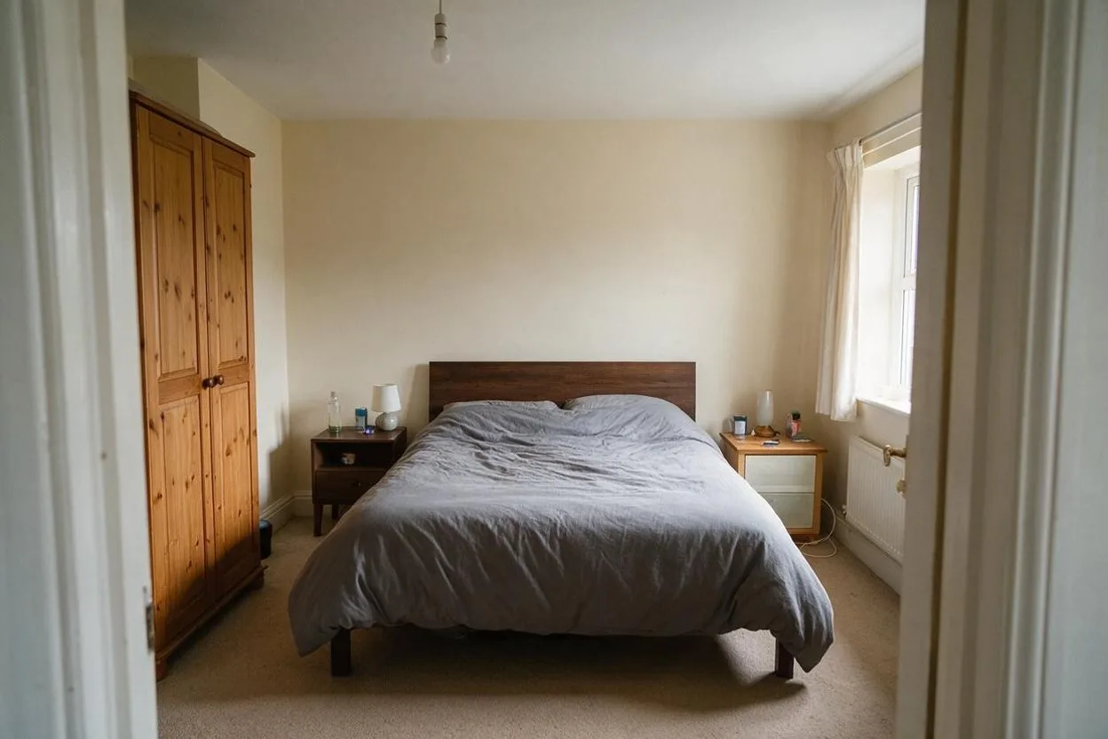 An ordinary bedroom with a dark wood headboard, a gray duvet, a pine wardrobe and a window