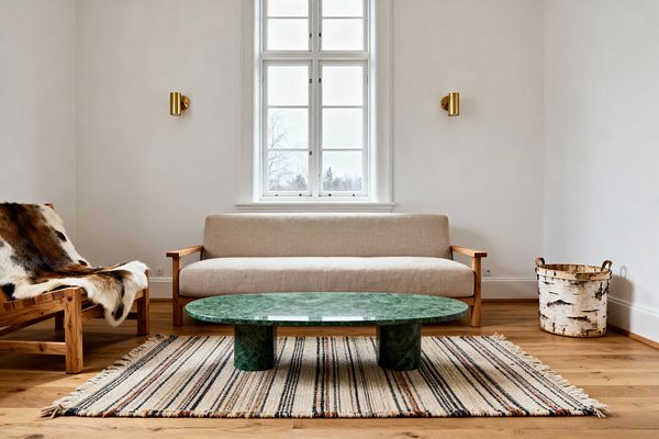 A minimalist Scandinavian living room features a beige upholstered sofa with slim oak arms centered beneath a tall, multi-pane window. A low oval green marble coffee table sits on a striped flatweave rug. To the left is a matching oak lounge chair draped with a natural cowhide, while a birch-bark basket stands on the right. Warm white walls and honey-toned oak floors create a calm backdrop, accented by two symmetrical brushed-brass wall sconces that frame the window.