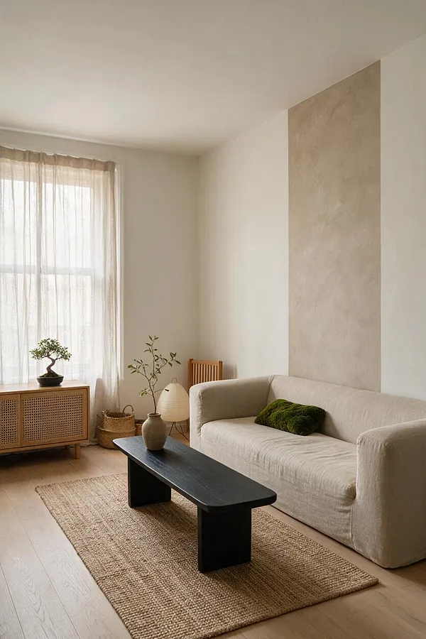 A calm Japandi living room with a cream sofa, a black low coffee table, and a natural jute rug on light wood floors. Sheer curtains soften the window light, while a woven cabinet, ceramic vase, and small plants add organic texture and warmth.