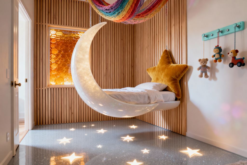 A children’s bedroom features a luminous crescent-moon bed suspended by chains, with white bedding and a large mustard velvet star cushion as a headboard against vertical light oak slats. The gray, glossy floor sparkles and includes glowing star inlays. A window of amber honeycomb textured glass spreads warm color. Overhead hangs a draped rainbow yarn canopy. On a white wall, a mint peg rail holds soft toys. A white door with a brass knob opens at left.
