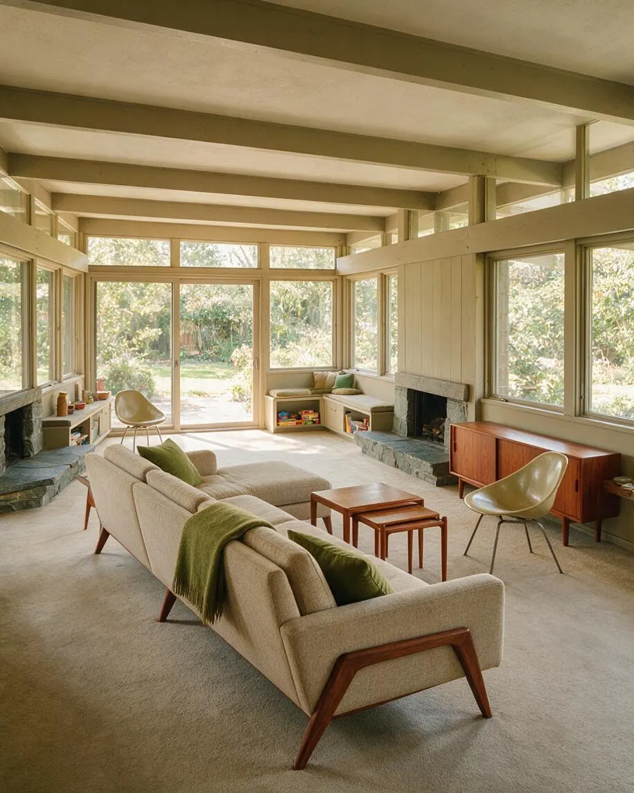 A bright sunroom with floor-to-ceiling windows, exposed ceiling beams, and a central beige sofa with walnut legs. The room includes a stone fireplace, low wood cabinets, a pair of molded chairs, nested coffee tables, and green accent textiles, all set against a warm neutral palette with garden views outside.