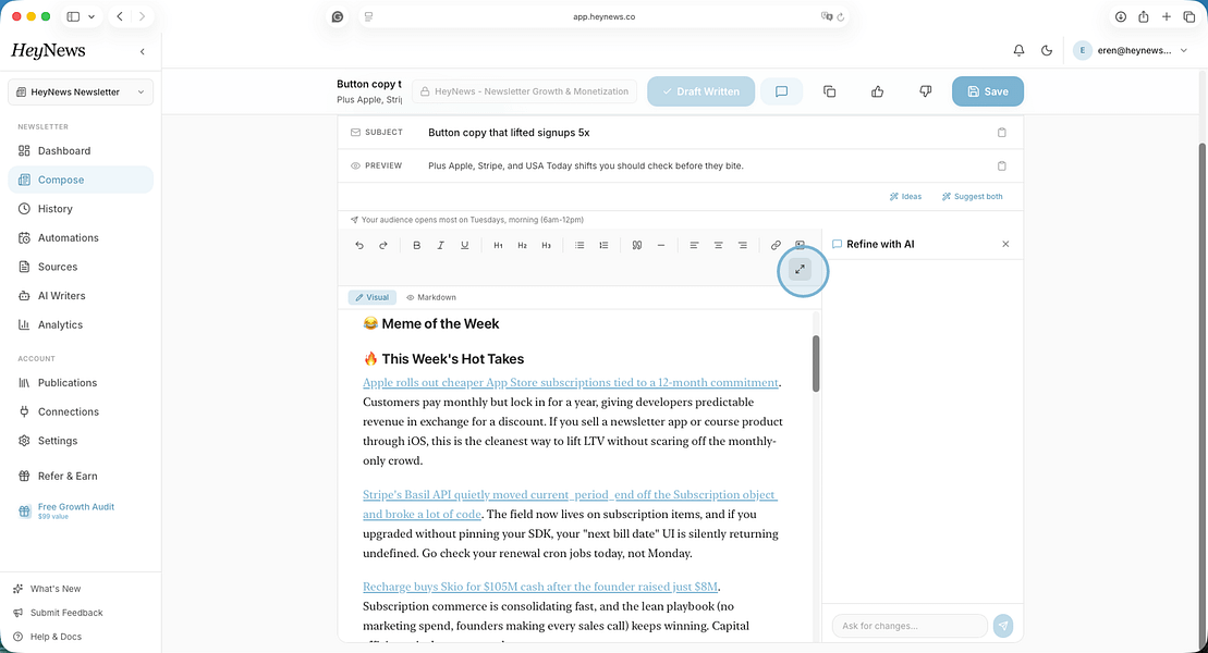HeyNews – Drafts your newsletter in your voice by learning from past issues visual 4