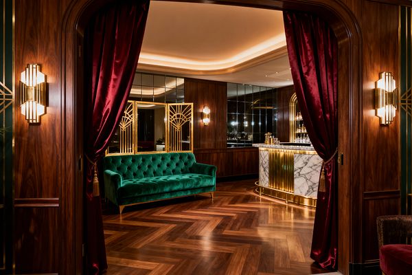An Art Deco–inspired media lounge framed by burgundy velvet curtains reveals walnut paneling and a herringbone wood floor. An emerald green tufted velvet sofa sits across from a curved white marble bar trimmed in polished brass with soft underlighting, set before black mirrored wall tiles and geometric brass screens, while coved ceiling lighting and brass sconces bathe the room in a warm, cinematic glow.