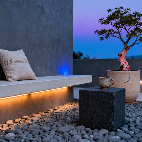A minimalist patio at dusk shows a floating concrete bench against a smooth gray wall, underlit by a warm LED strip. The ground is covered with rounded river pebbles, a black stone cube works as a low table with a ceramic mug on top, and a beige earthenware planter with a small sculptural tree stands nearby as a blue uplight and twilight sky provide a calm backdrop.