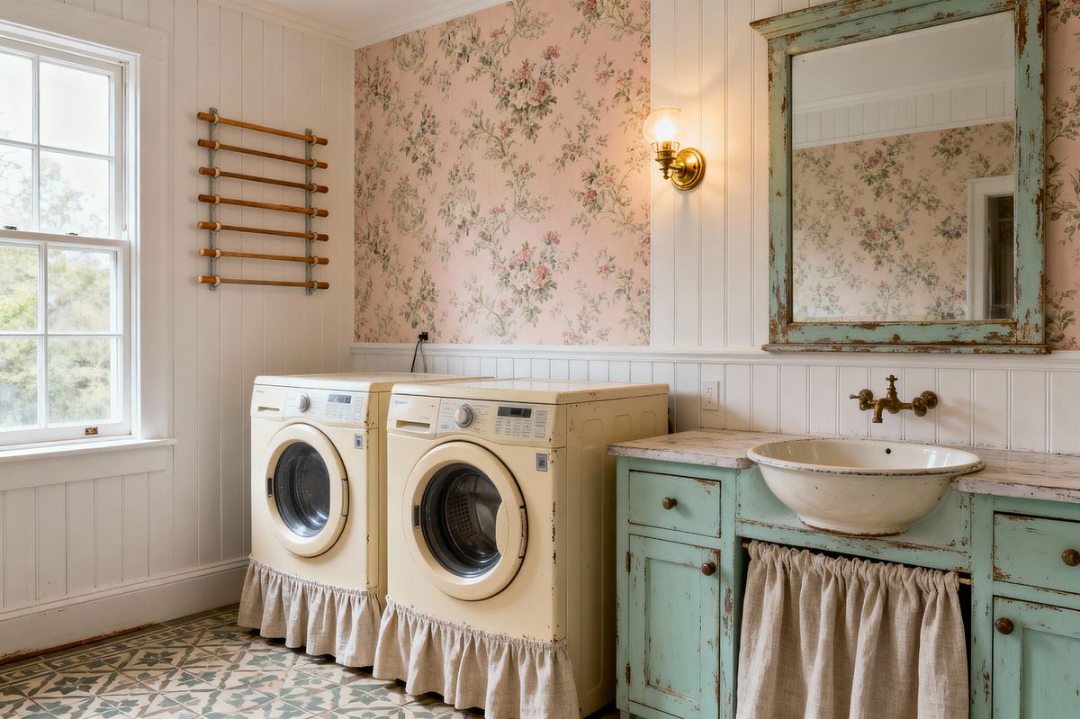 Room AI – Shabby Chic Laundry with Mint Vanity and Floral Wallpaper