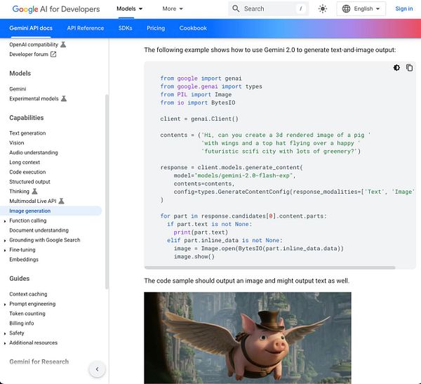 The image displays a code example for using Google Gemini 2.0 to generate text and image outputs, alongside a visual of a pig with wings in a fantastical setting.