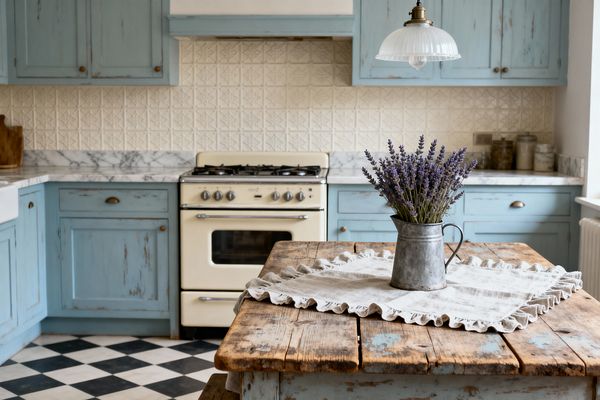 A shabby chic kitchen features distressed powder-blue cabinets and a cream vintage-style range beneath a ribbed glass pendant. White marble countertops meet a patterned cream tile backsplash, while a rustic reclaimed-wood island holds a ruffled linen cloth and a galvanized jug of lavender; a ceramic farmhouse sink, aged brass hardware, glass storage jars, a wooden cutting board, and a black-and-white checkerboard floor complete the cozy, light-filled scene.