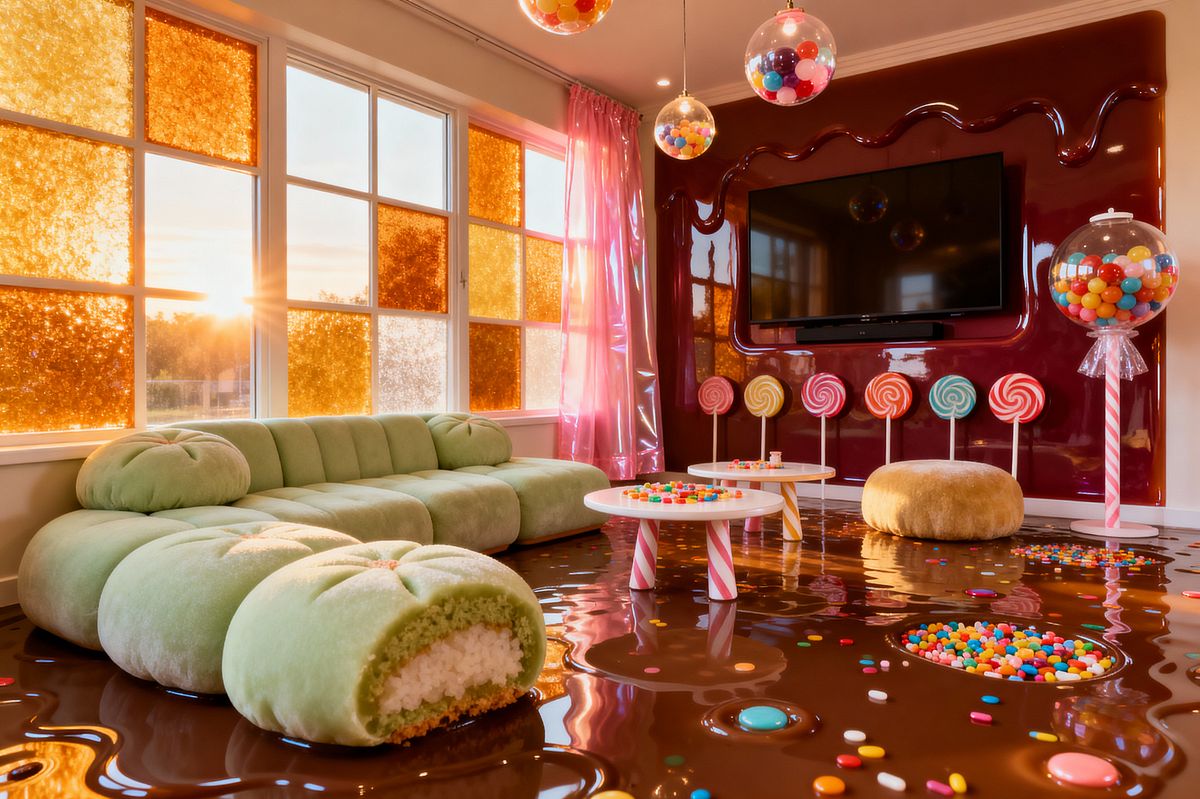 Room AI – Candy Land Living Room with Chocolate-Resin Floor - Interior