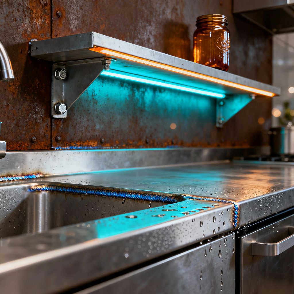 Close-up of an industrial kitchen sink area with a stainless steel countertop and integrated basin, showing blue heat-tinted welds and water droplets. A rusted steel backsplash holds a galvanized metal shelf with exposed bolts and dual LED strips that glow teal and amber. A stainless faucet, a bar-pull drawer front, and an amber glass jar emphasize the raw, utilitarian aesthetic.
