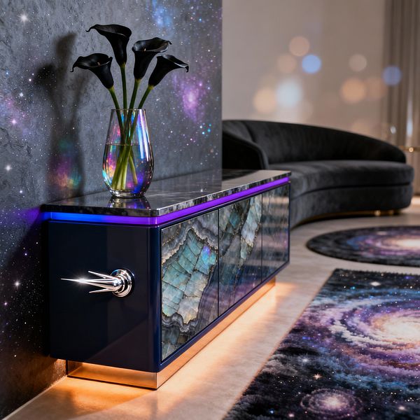 Living room with a galaxy-pattern wall and a glossy navy credenza whose doors feature blue‑green geode-like stone and a polished stone top, highlighted by a violet LED edge and warm base lighting. A chrome starburst handle, iridescent glass vase holding black calla lilies, a curved charcoal velvet sofa, and round galaxy-print rugs sit on a pale floor, creating a moody, futuristic atmosphere.