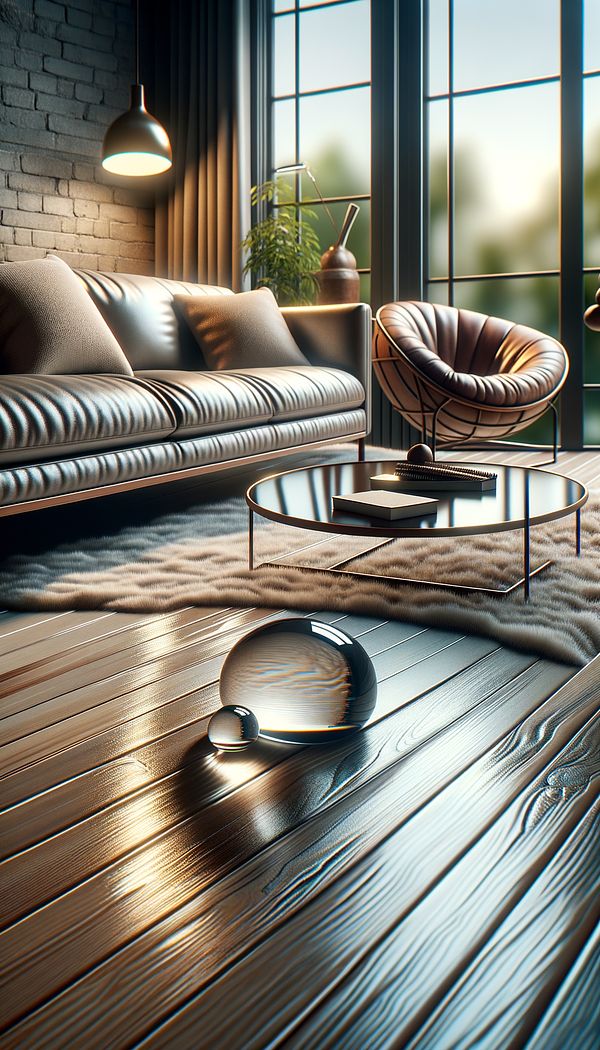 An interior living room scene showcasing various textures: the smooth gloss of a coffee table, the plush of a sofa, and the rough grain of a wooden floor.