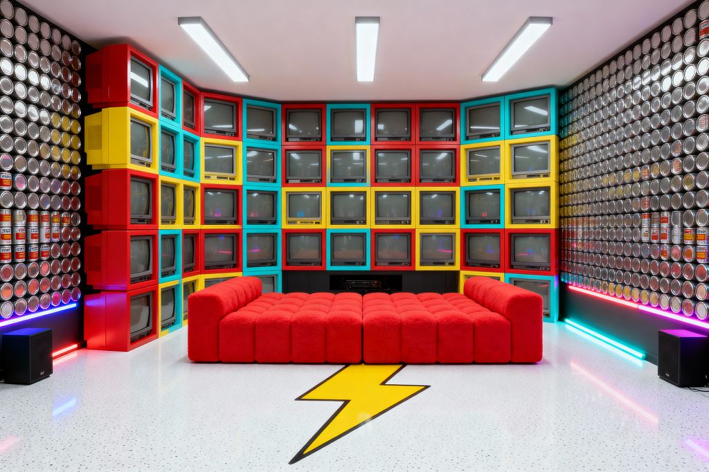 A media room features a floor-to-ceiling corner wall of vintage CRT televisions set into bold color-block frames in red, yellow, and turquoise. A low, plush red modular sofa sits on a white speckled floor with a yellow lightning-bolt inlay. The side walls are covered with rows of metallic can lids and stacked soup cans, while cyan and magenta LED strips wash the baseboards beneath linear ceiling lights, with black speakers and AV cabinetry grounding the setup.