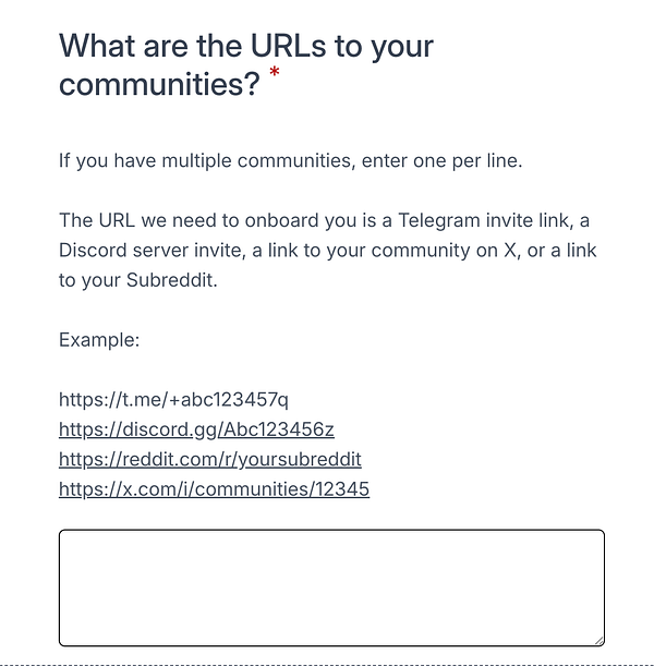 The image displays a form section asking for community URLs for onboarding.