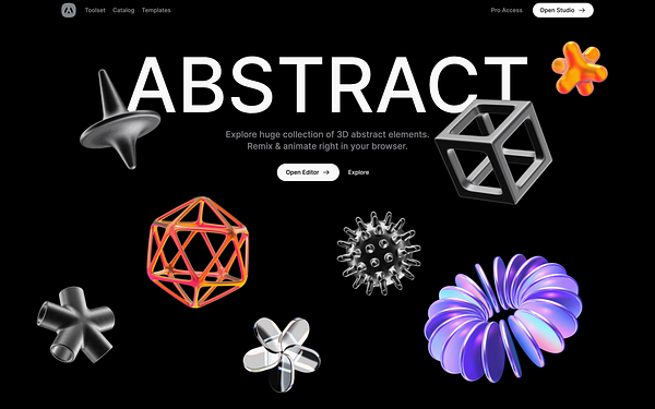 The image features a visually striking landing page for a 3D abstract elements collection.