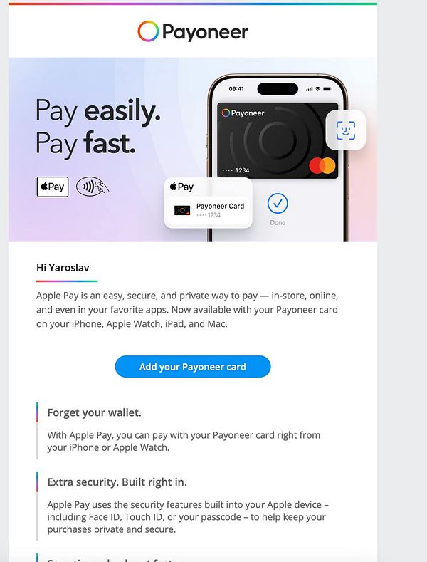 The image promotes Payoneer's integration with Apple Pay, highlighting its features and benefits.