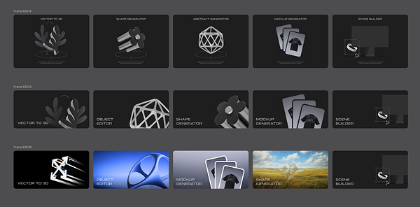 A collection of design interface frames showcasing various design tools and generators.